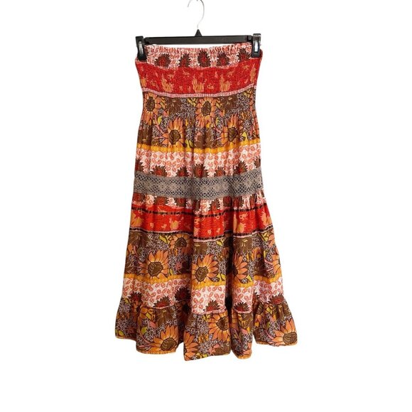 VTG She’s Cool XL Boho Tiered Maxi Skirt Sunflower Print Smocked Waist Pull-On - Picture 4 of 8